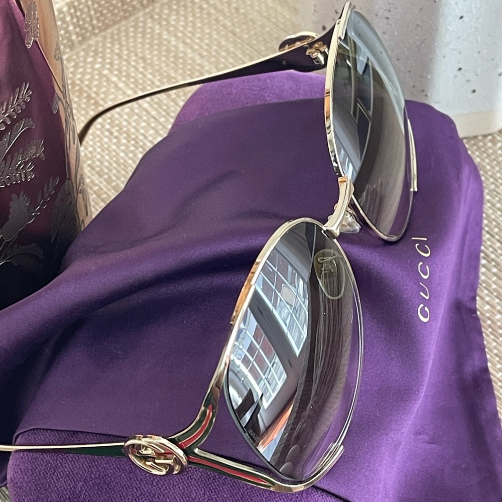 GUCCI Oversized Oval GG Gold Red Green Sunglasses - Picture 7 of 15